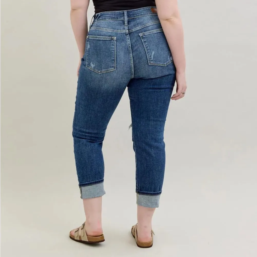 Judy Blue Mid-Rise Boyfriend Distressed Jeans Straight Leg Cuffed Denim 11/30 - Image 2