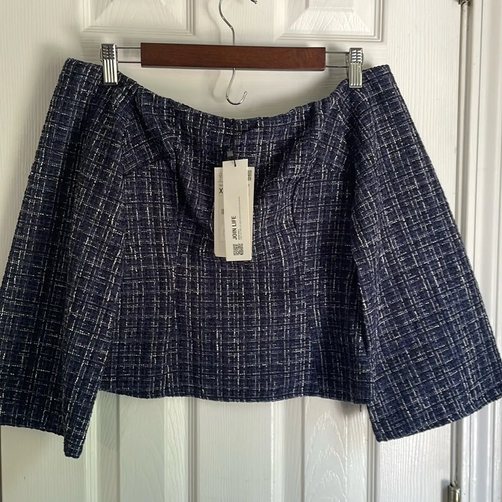 Zara Tweed Preppy, Dark Academia Off-Shoulder Plaid Top in Navy and White - Image 3