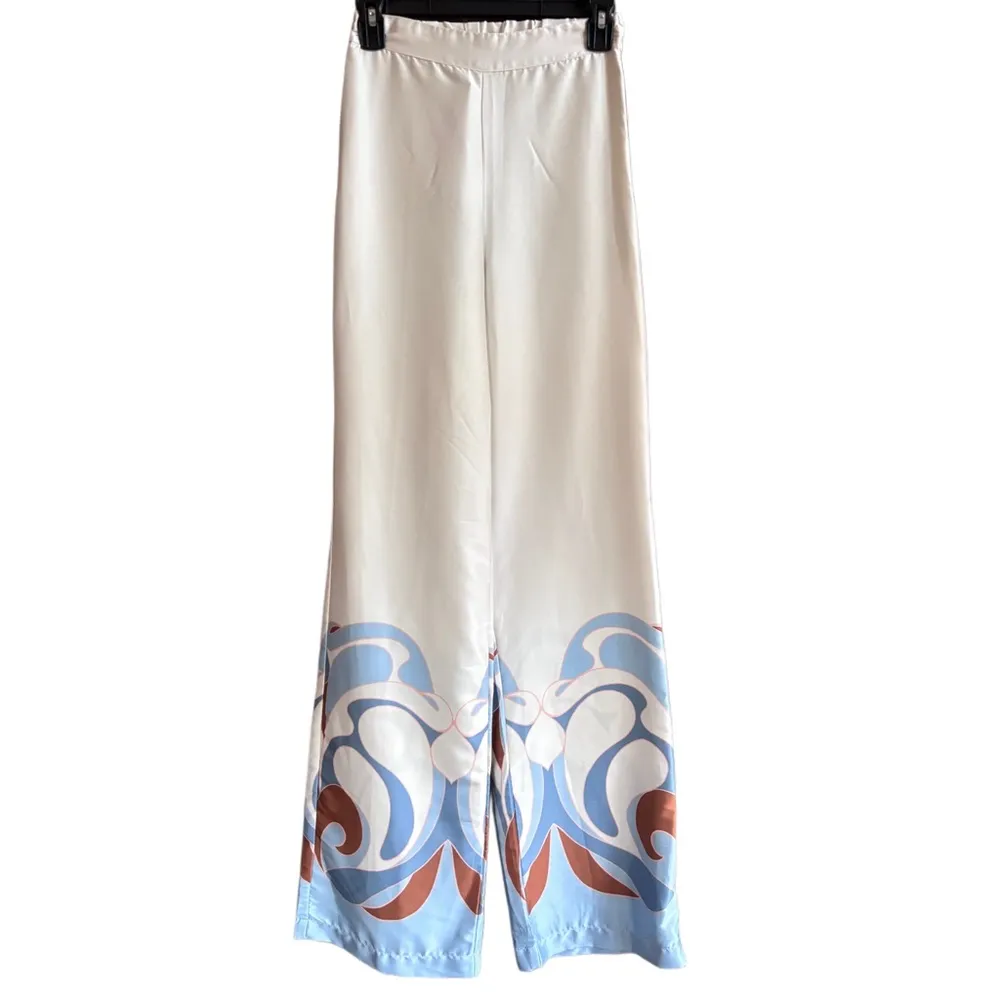 NWT MISA Los Angeles Isara Satin Pant in Ivory The Swans Border Print Size XS - Image 2