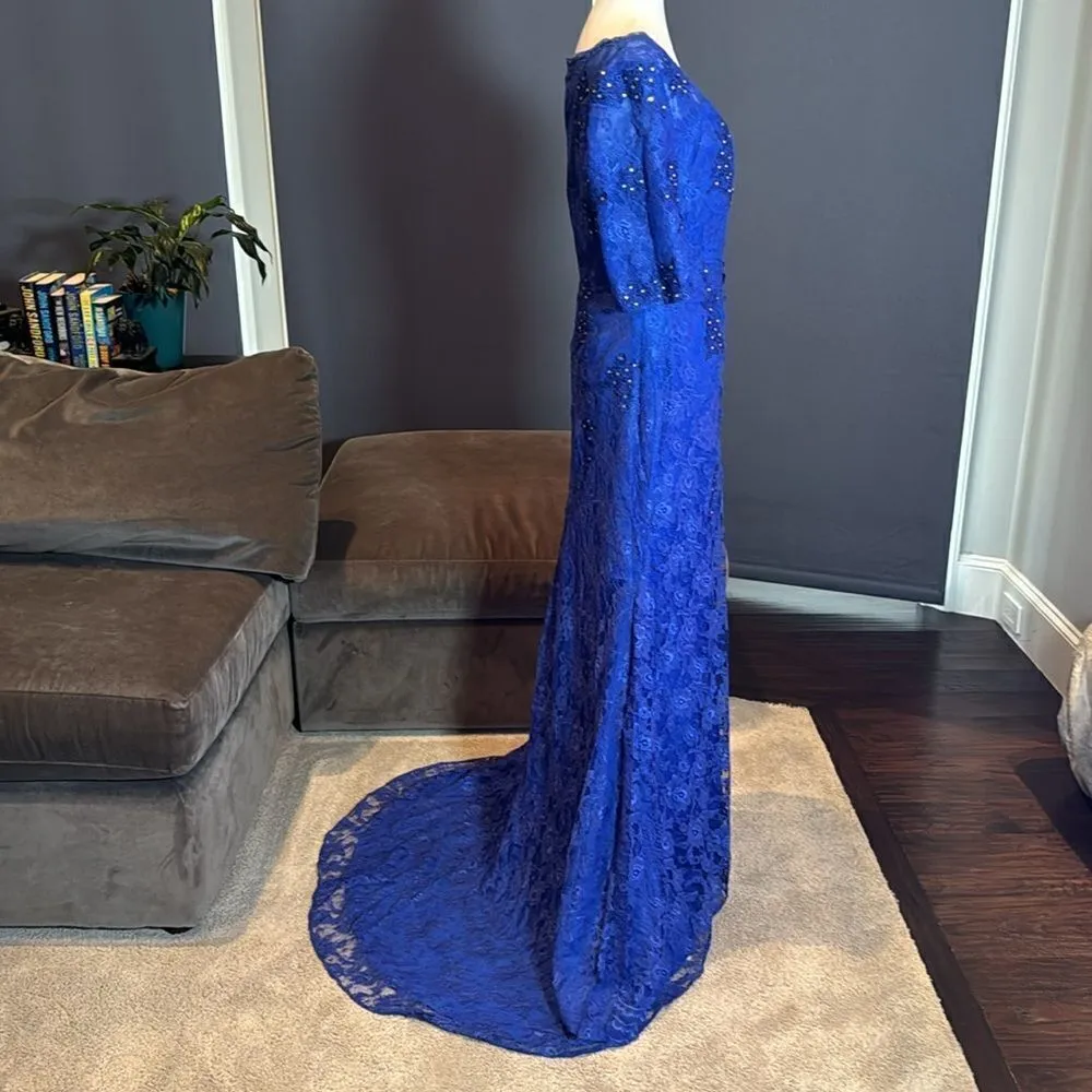 Women’s Full Length Blue Mermaid Fit Formal Dress Half Sleeve Zip Back Size 6 - Image 3