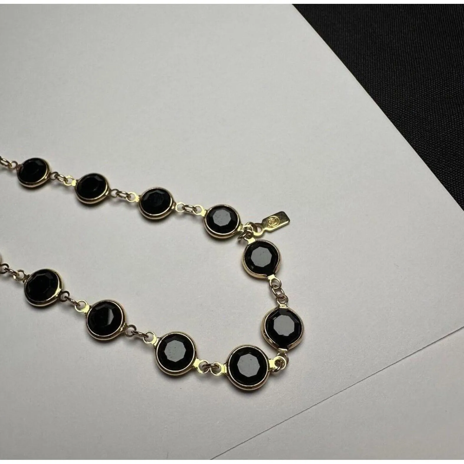 Swarovski (Swan Signed) Black Faceted Crystal Gold Tone Necklace 36 Inch - Image 5