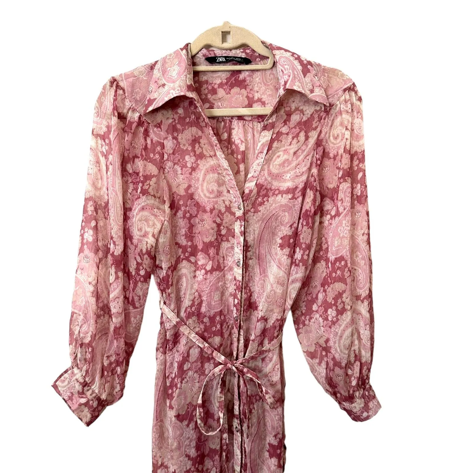 ZARA Semi-Sheer‎ Floral Belted Shirt Dress Pink Small - Image 3