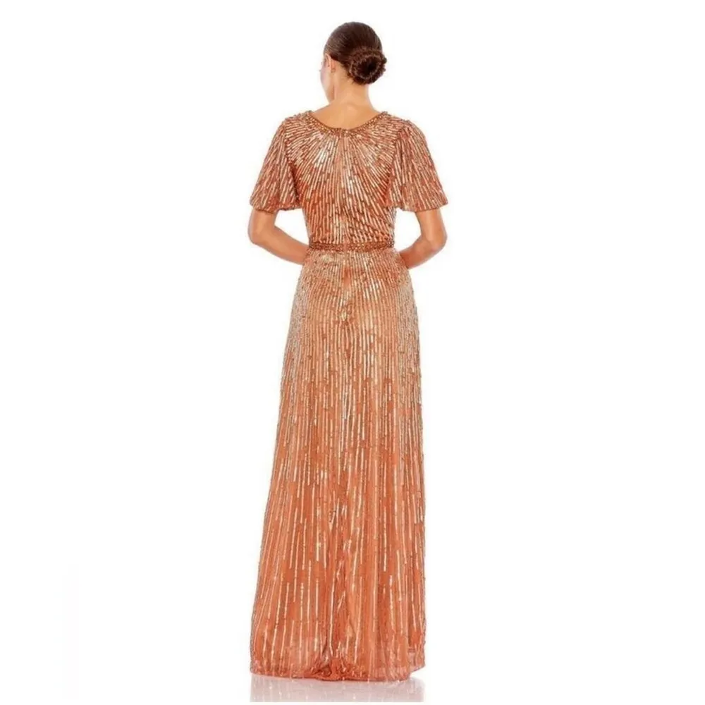 MAC DUGGAL EMBELLISHED V NECK BUTTERFLY SLEEVE COLUMN GOWN IN COPPER 5538 SIZE 8 - Image 2
