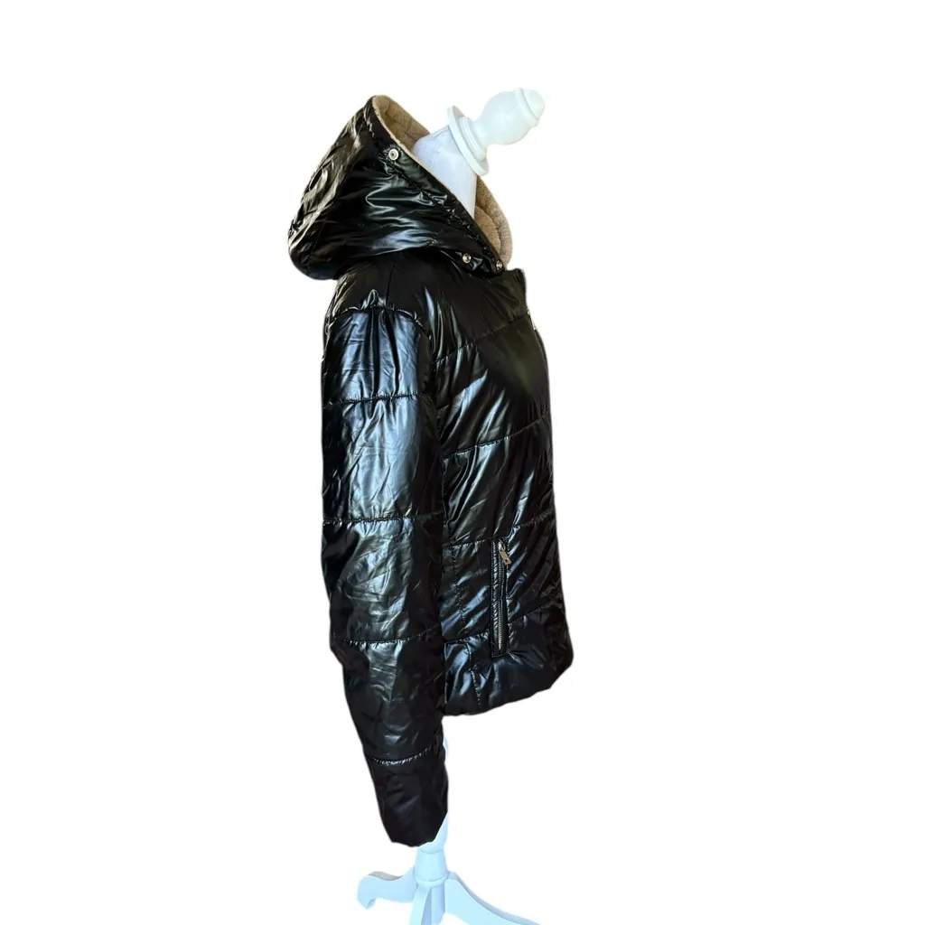 Roiii Black Quilted Puffer Coat Jacket Faux Fur Lined Hood Womens Size Medium - Image 4