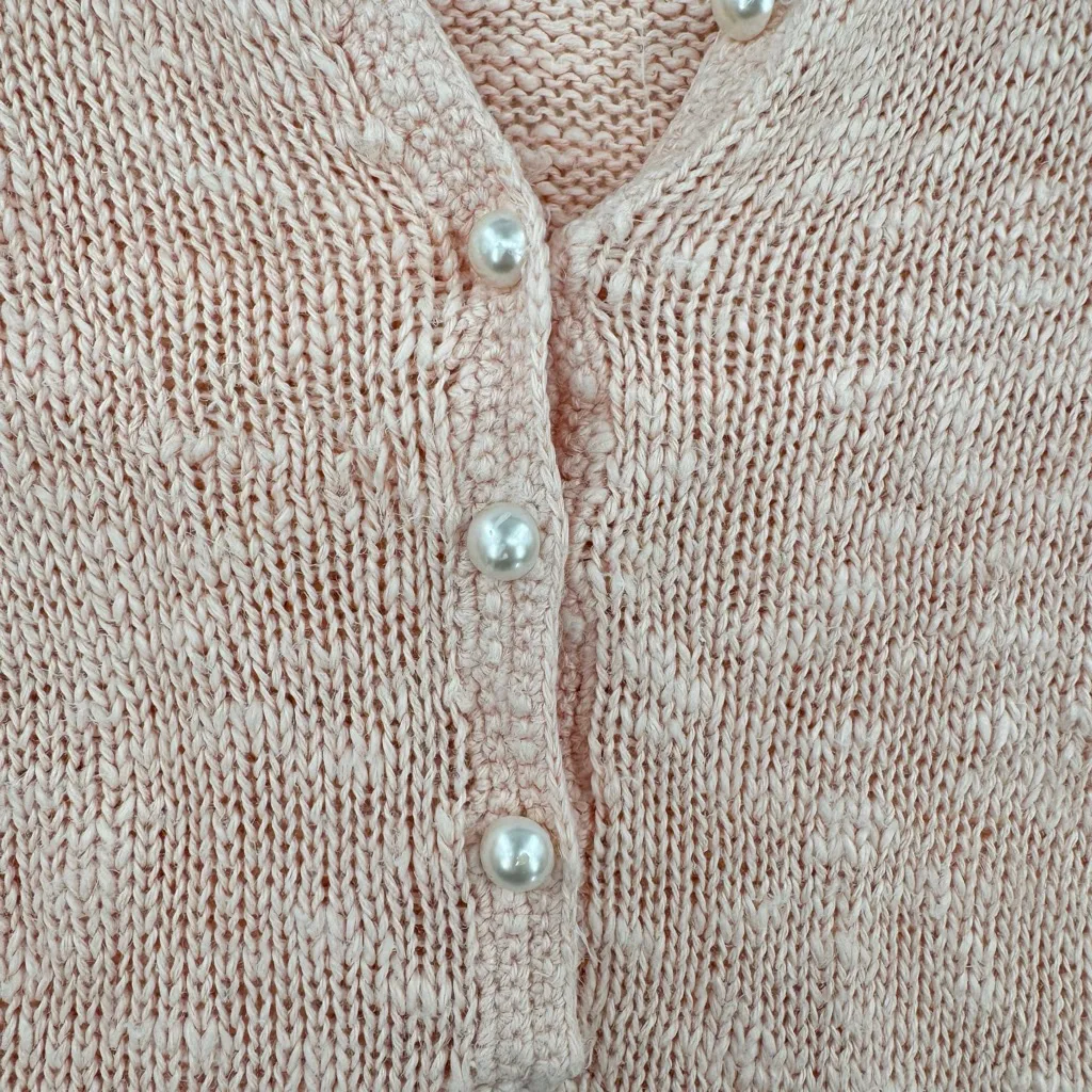 Vintage 80s 90s Deans of Scotland Sweater Peach Half Sleeve Pearl Buttons Large Pink - Image 3