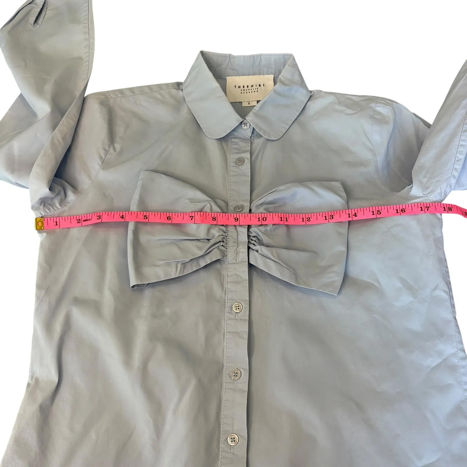 The Shirt Rochelle Behrens Blue Bow Blouse Long Sleeve Peter Pan Collar‎ - Image 4