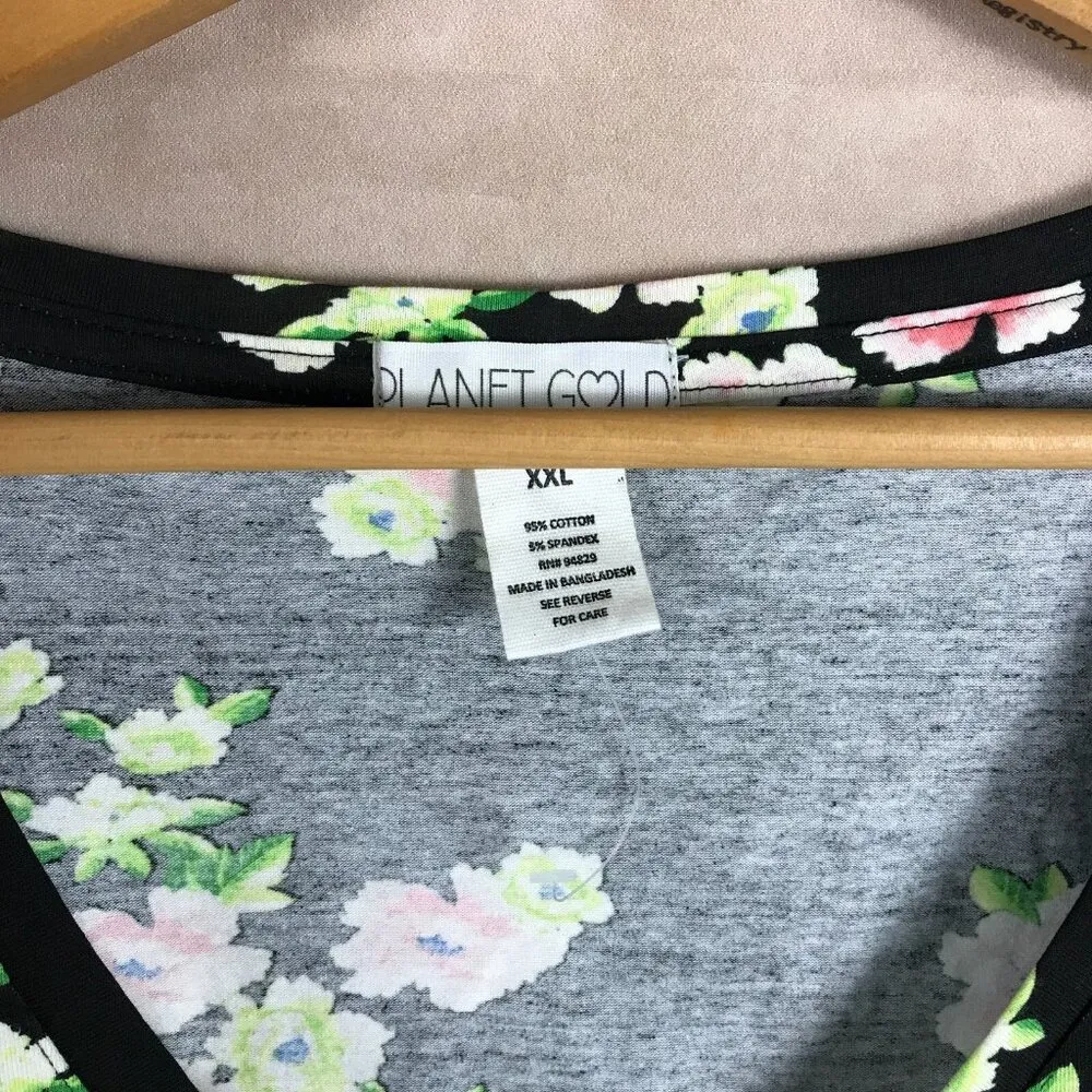 Juniors Planet Gold Black Cotton Floral V-neck T-shirt NEW XXL - Image 4
