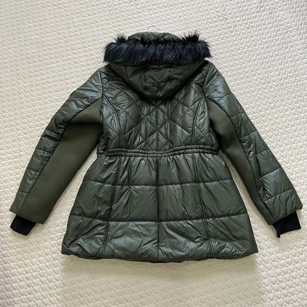 NWT Michael Kors Quilted Women Long Puffer Coat w/ Fur Hoodie Olive Size 1X - Image 12