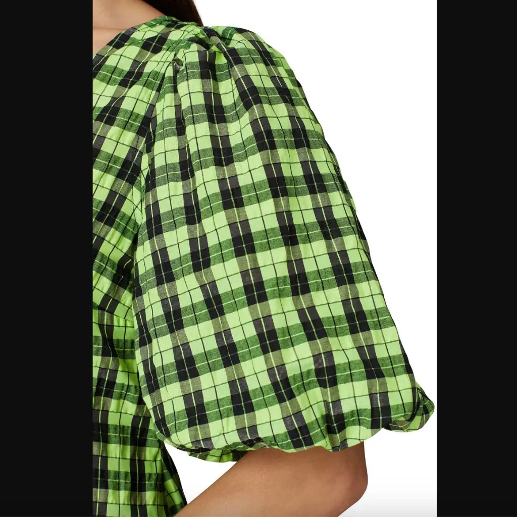 Ganni Green Seersucker Black Plaid Puff Sleeve Mini Dress 38 / US 6 / US M - Image 4