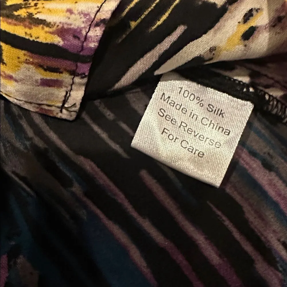 Parker Printed Silk Cinched Waist Tunic Blouse Deep V-Neck Purple & Black Small - Image 6