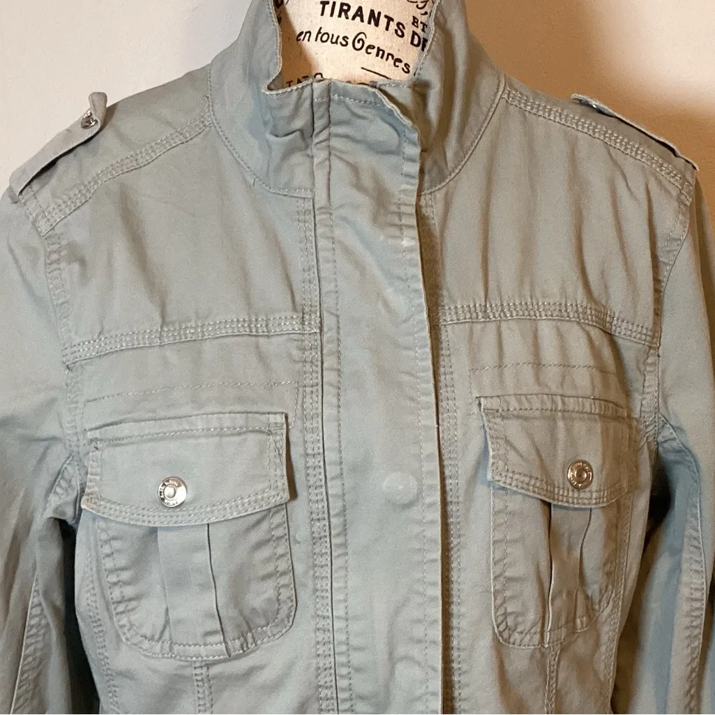 KENSIE JEANS WOMENS FITTED UTILITY JACKET CADET STYLE SIZE MED DENIM COTTON SZ M Green - Image 3