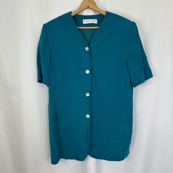 Vintage Valerie Stevens 100% Silk Button Down Top Short Sleeve Teal Women 16 - Image 5