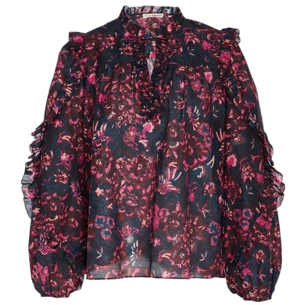 ULLA JOHNSON Rana Blouse Size 2 Midnight Floral Puff Sleeve Cotton Ruffles - Image 4