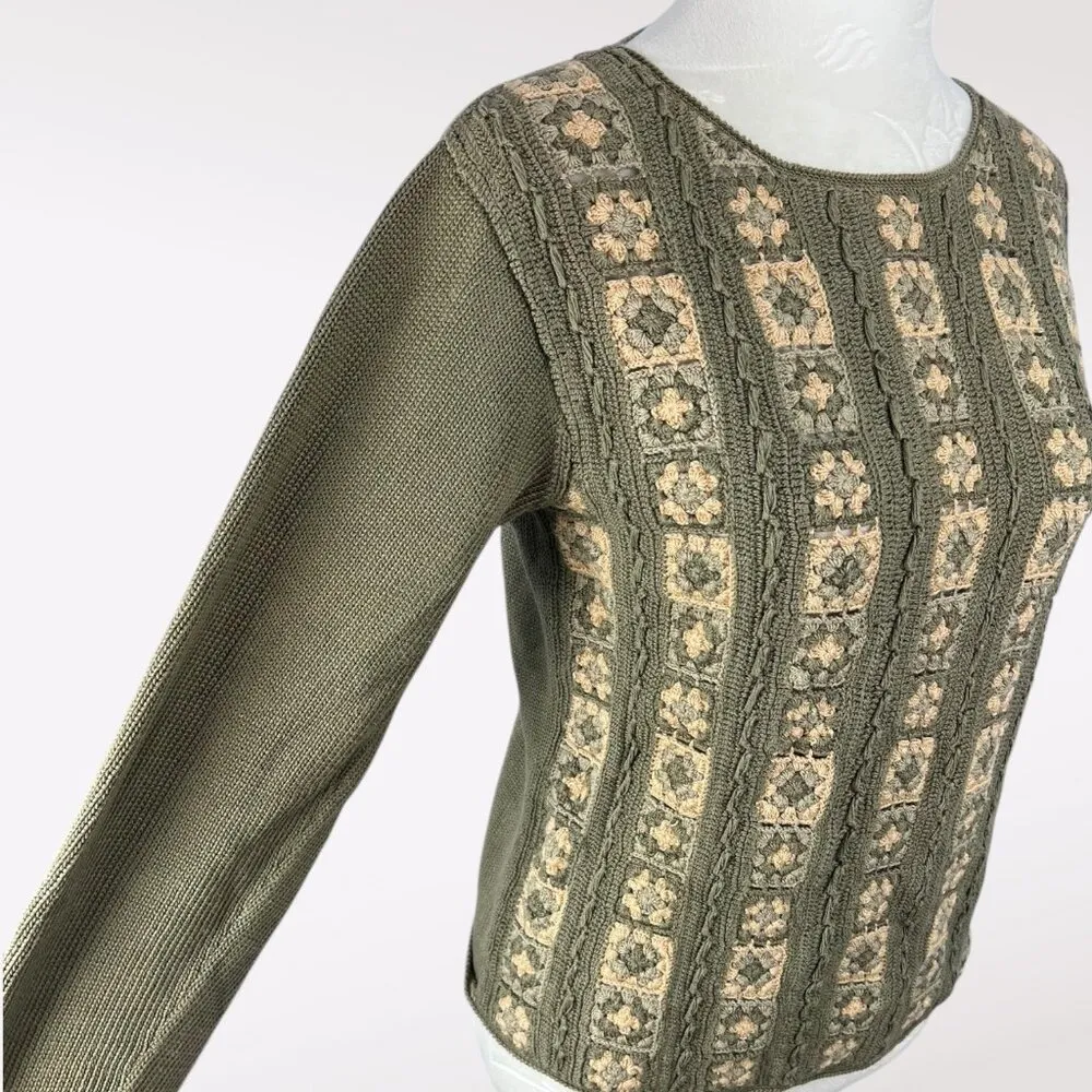 Vintage Olive Green Patterned Knit Sweater XS 90s - Image 6