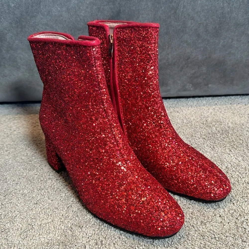 Women’s Red Glitter Covered Chunky Heeled Sparkly Boots Size 9.5 NEW Red - Image 2