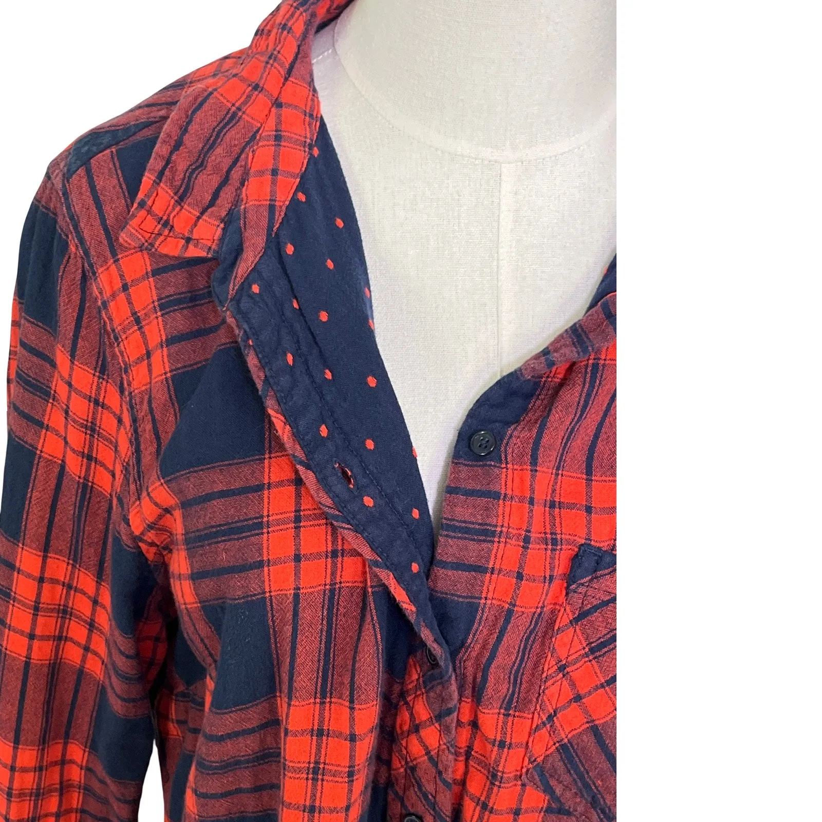 Gap Red Navy Double Cloth Plaid Polka Dot Boyfriend Shirt Heavyweight Cotton XL - Image 6