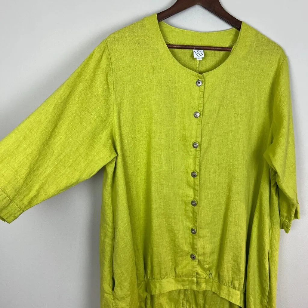 MSquare by Neetu Malik Tunic Top Medium Chartreuse Linen Button Up Art Lagenlook Green - Image 4