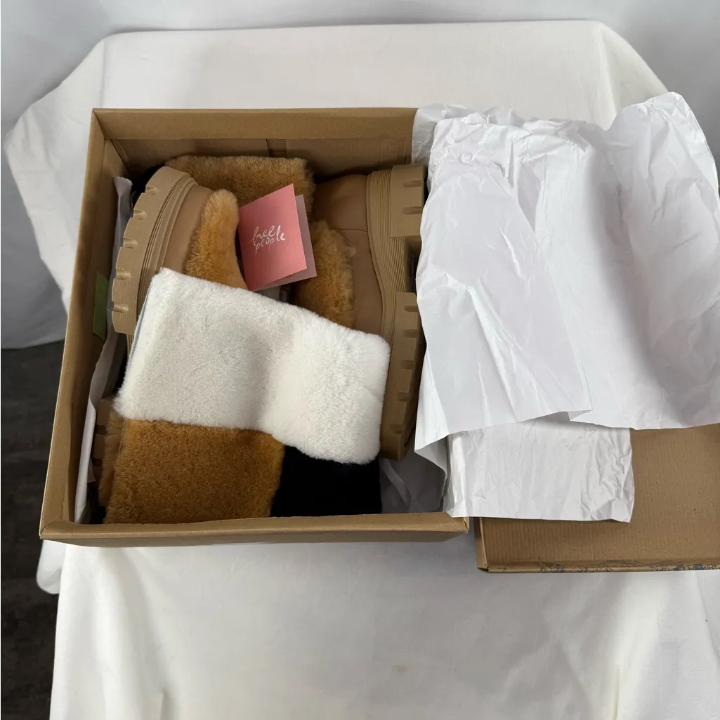 Free People Happy Thoughts Shearling Real Fur Patchwork Knee High Boots Tan 6.5 - Image 7