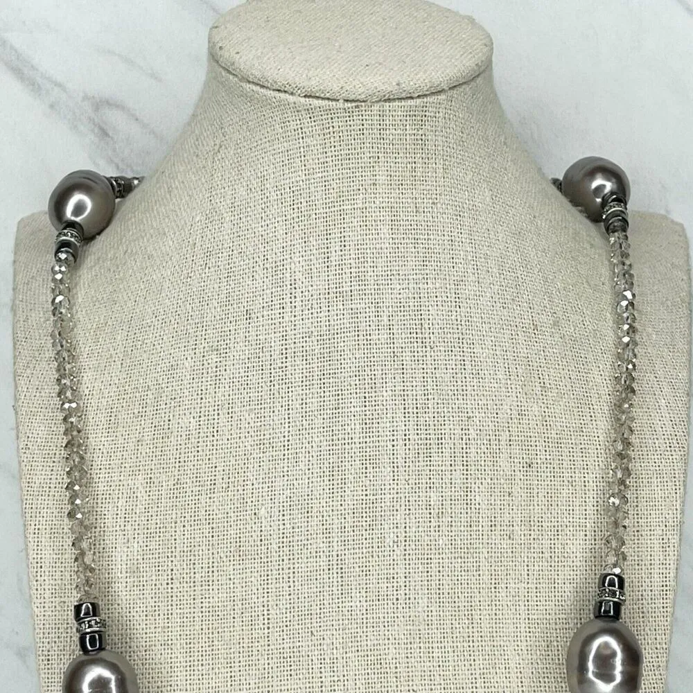 Chico's Silver Tone Metallic Beaded Station Rhinestone Long Necklace - Image 3