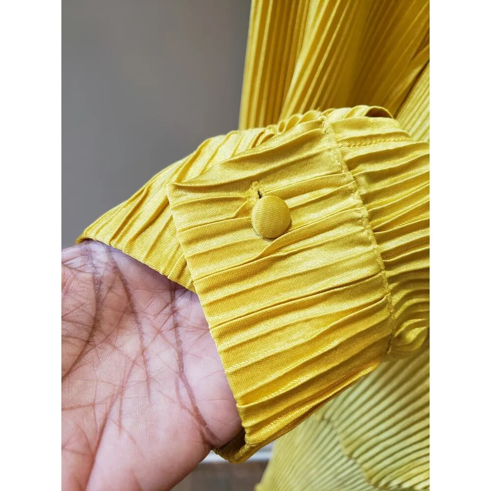 Yellow Pleated Lounge Set XL Button Top Wide Leg Pants 2 - Image 7