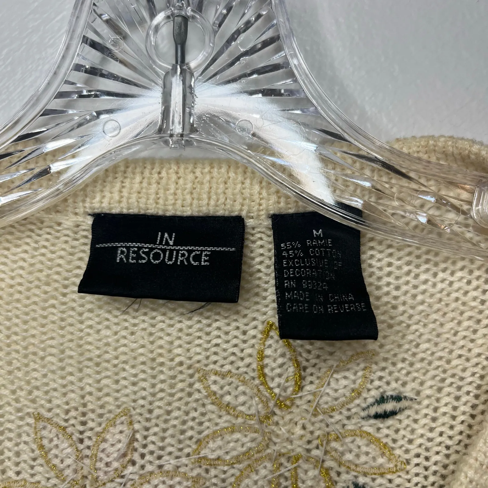 Vintage In Resource Cream Poinsettia Beaded Holiday Cardigan Sweater Sz Medium Red - Image 3