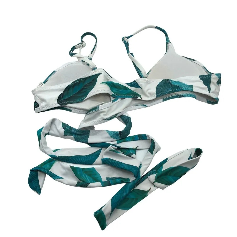 Womens Bikini Top Tie Wrap Removable Cups Floral Leaf Print White Green L Size L - Image 2
