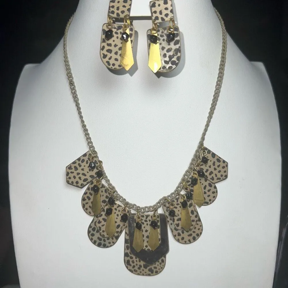 Vintage 80s Enameled and Metal Gold Tone Animal Print Earrings and Necklace Set - Image 2