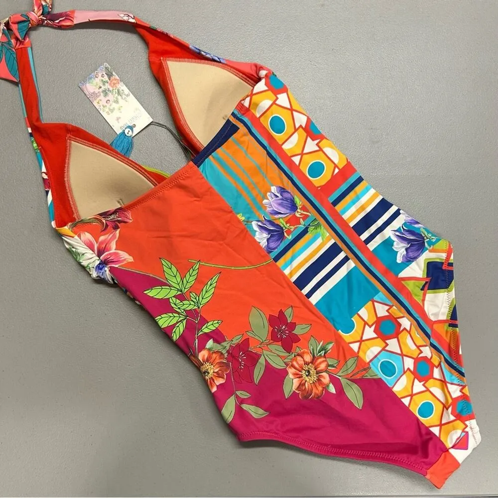 Johnny Was Color Twist One Piece Swimsuit Boho Chic Tie Neck Colorful XS NWT - Image 11