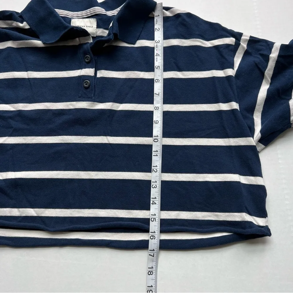 AMERICAN Eagle boxy cropped polo navy & white stripes small - Image 10