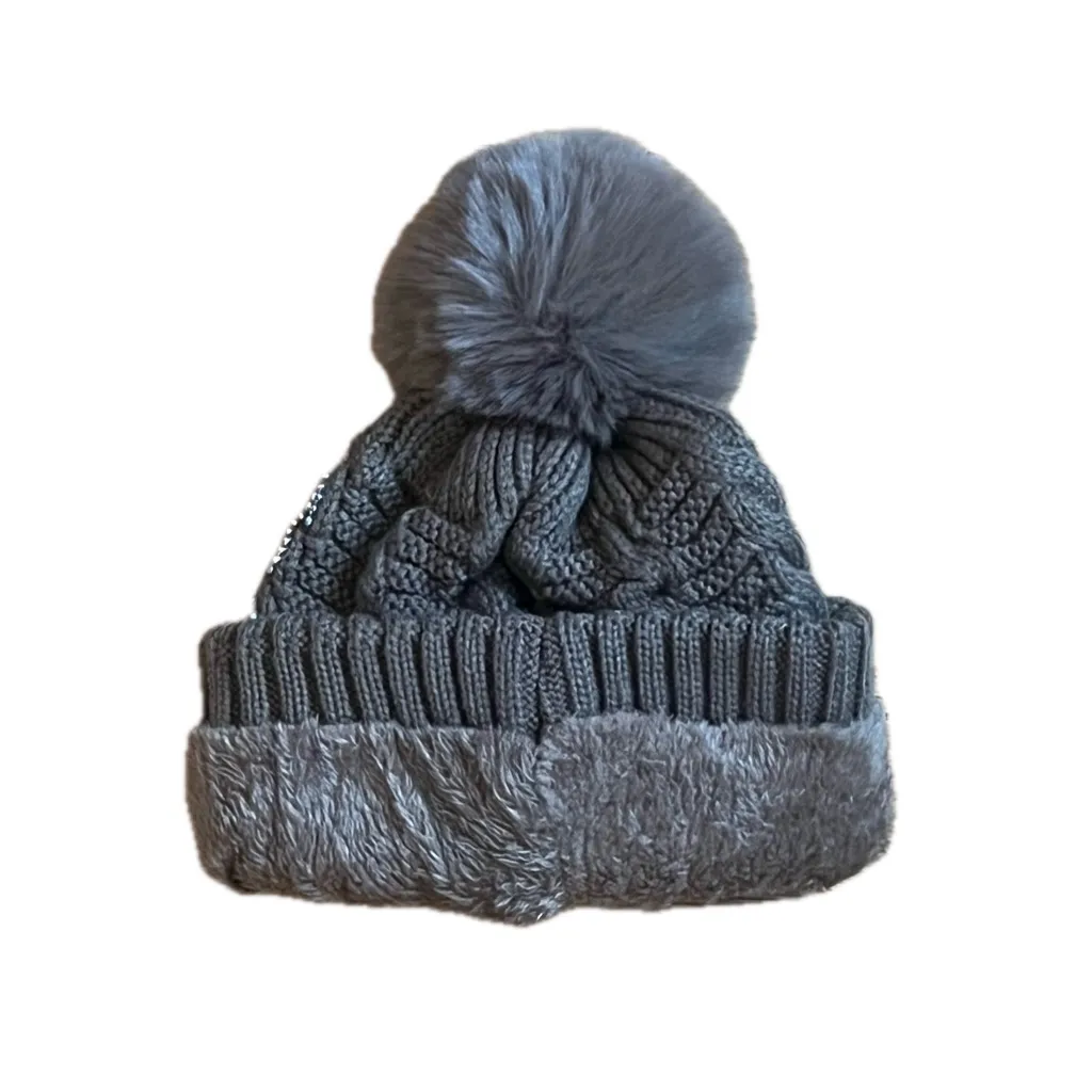 Boutique Brown Cable Knit Ribbed Beanie with Pom Pom Silver Sequins One Size NWT - Image 4