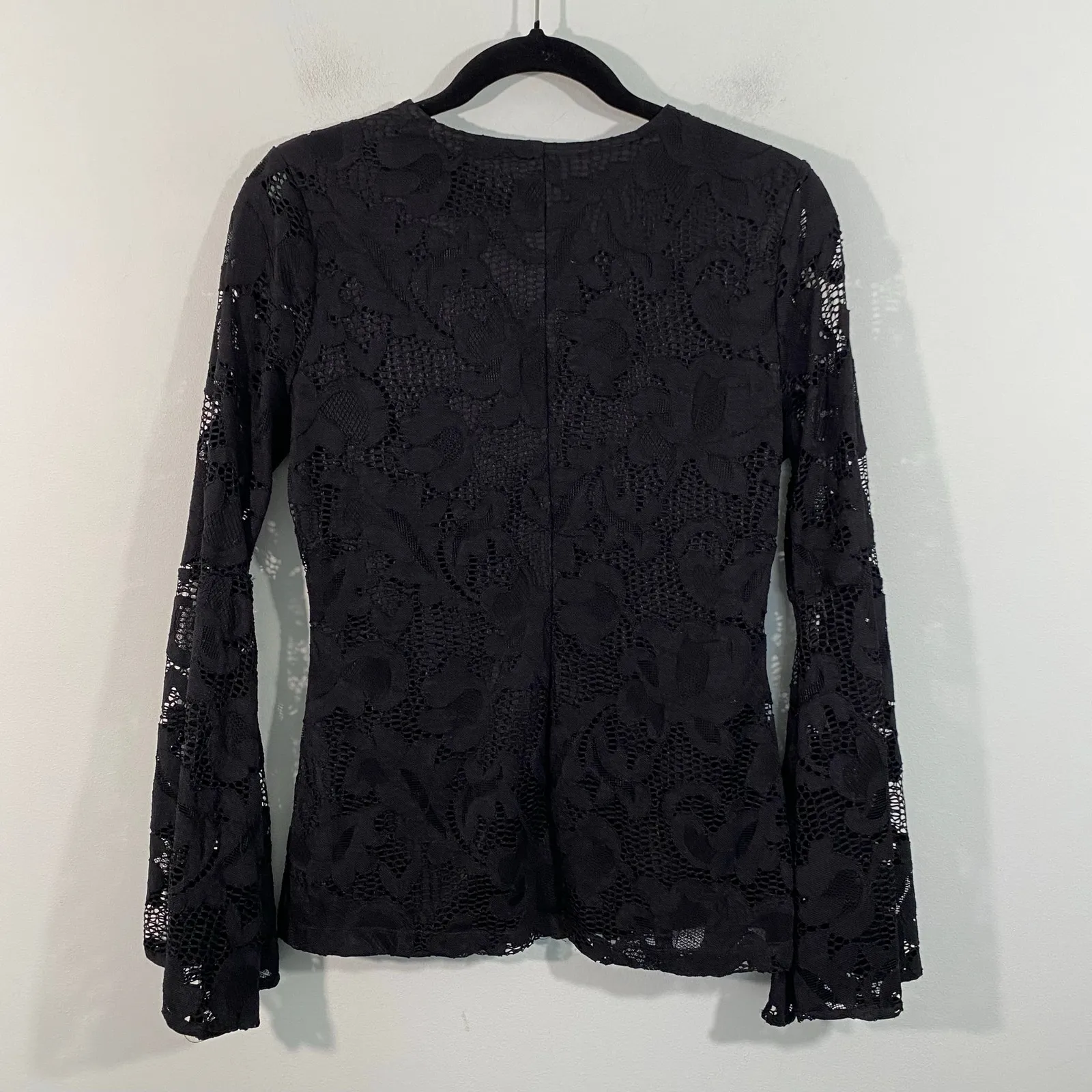 Vtg 90's Y2K Alexia Admor Black Overlay Lace Bell Sleeves Blouse Size XS - Image 7