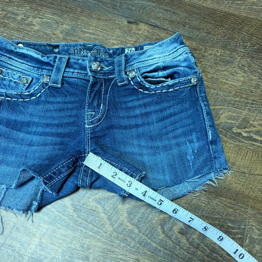 Miss Me Cut-Off Shorts Womens 26 Denim Low Rise Flap Pocket Rhinestone Bling Y2K - Image 6