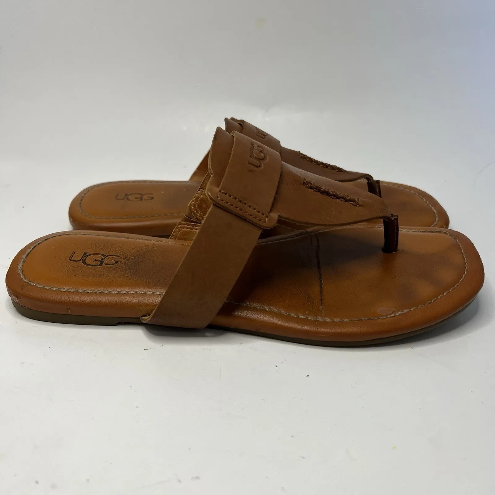Women's Ugg Gaila Tan Brown Leather Thong Flip Flops Size 7 Open Toe Trendy - Image 7