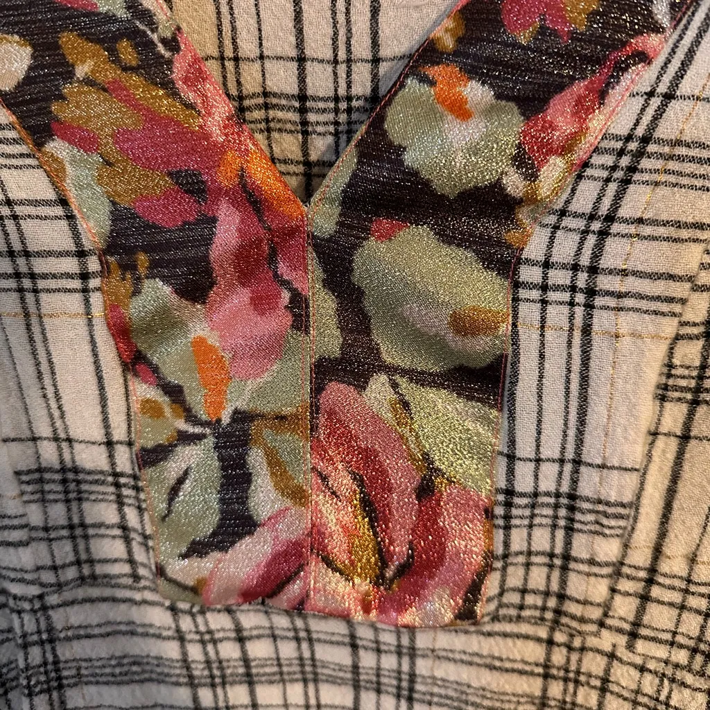 By Anthropologie Darlene Peasant Blouse Top Medium Plaid Floral Gauzy Medium - Image 3