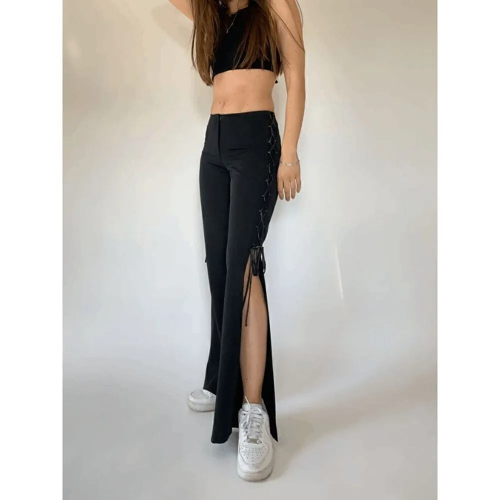 Retro Black Lace Up Side Tie Slit Pants, Small - Image 8