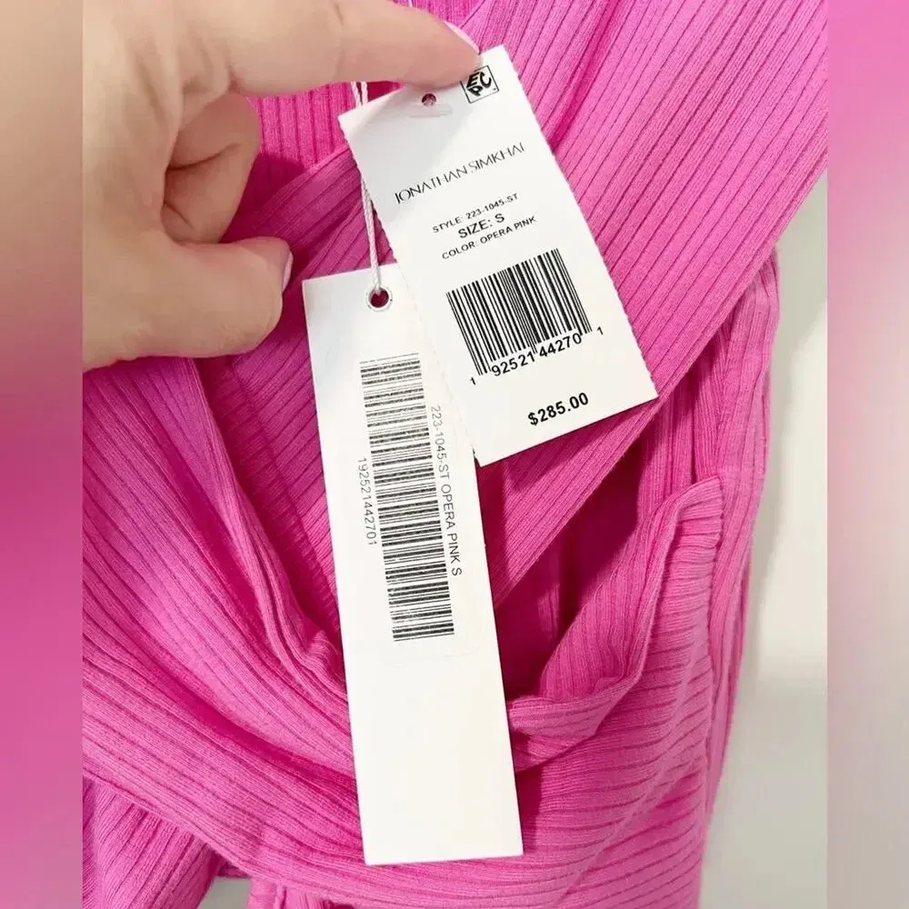 JONATHAN SIMKHAI NWT Akane Shaping Rib Off Shoulder Cutout Halter Tie Dr…‎ Pink - Image 7