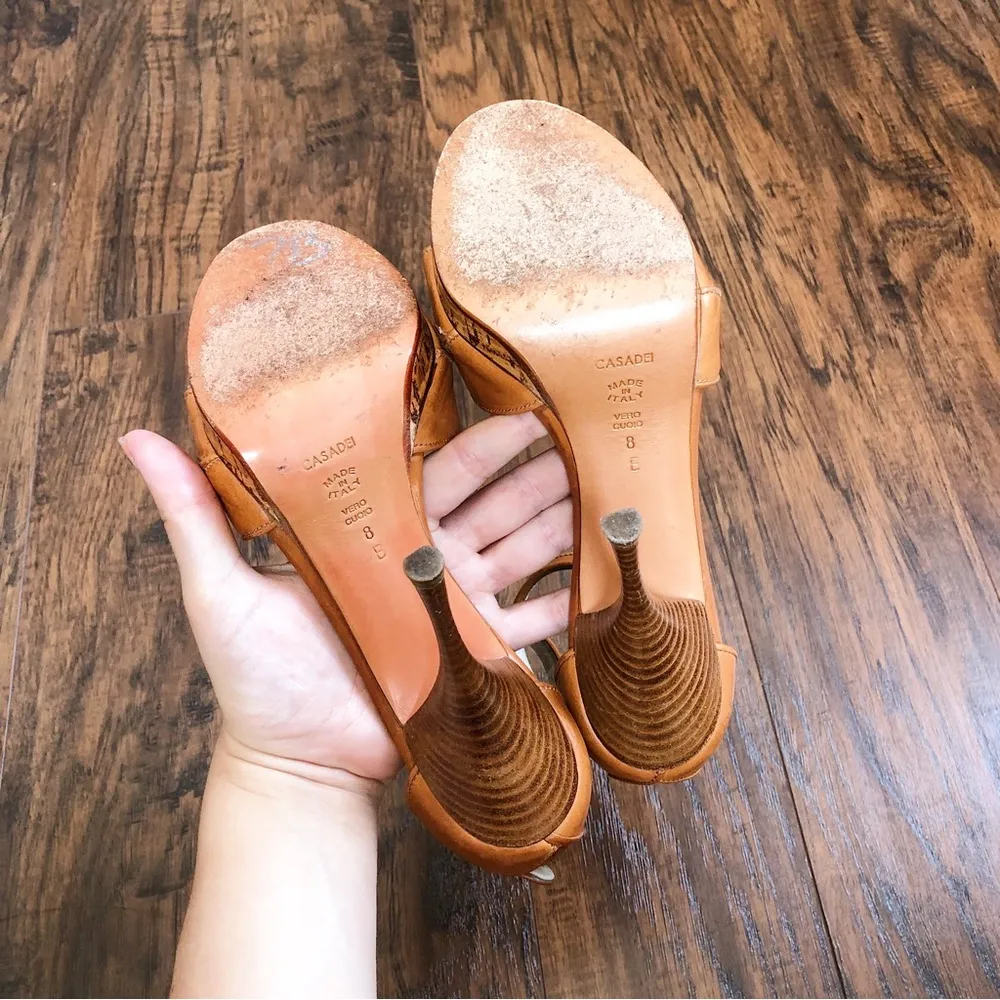 CASADEI • platform stiletto sandals heels cognac brown leather cross ankle strap - Image 11