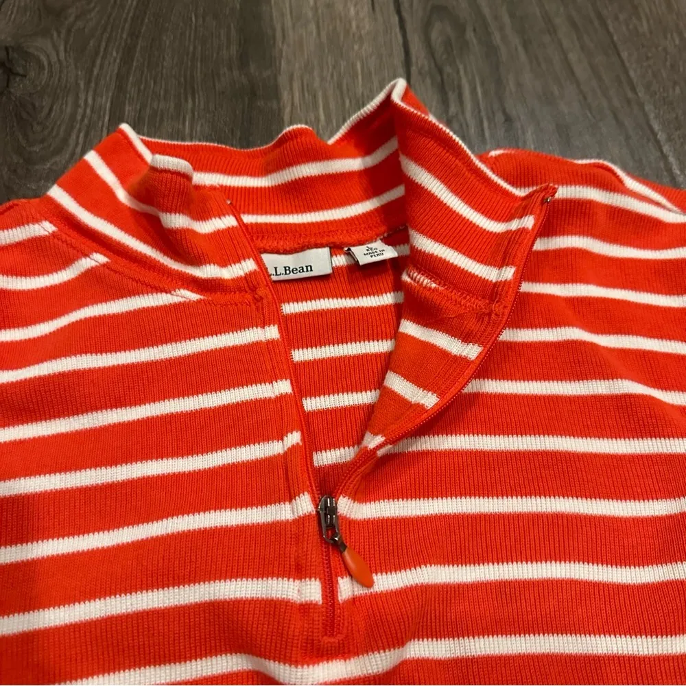 LL Bean Women's L French Sailor 1/4 Zip Pullover Orange White Stripe Long Sleeve - Image 2