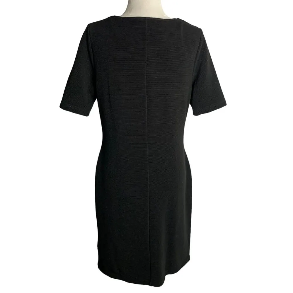 Mario Serrani Ribbed Knit Sheath Dress M Black Short Sleeves Knee Length Stretch - Image 4
