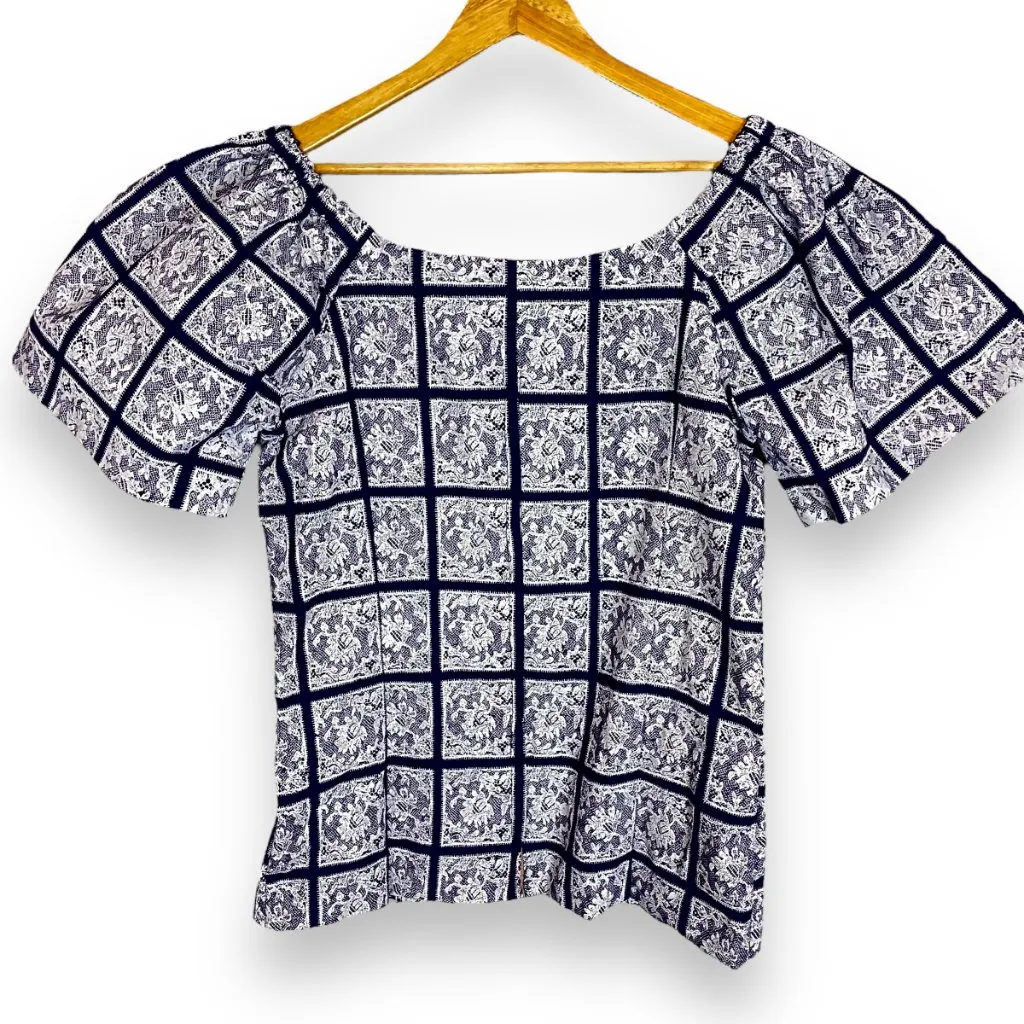 Handmade Blouse Lace Print Ruffled Short Puffed Sleeves Purple‎ White Top Women - Image 2