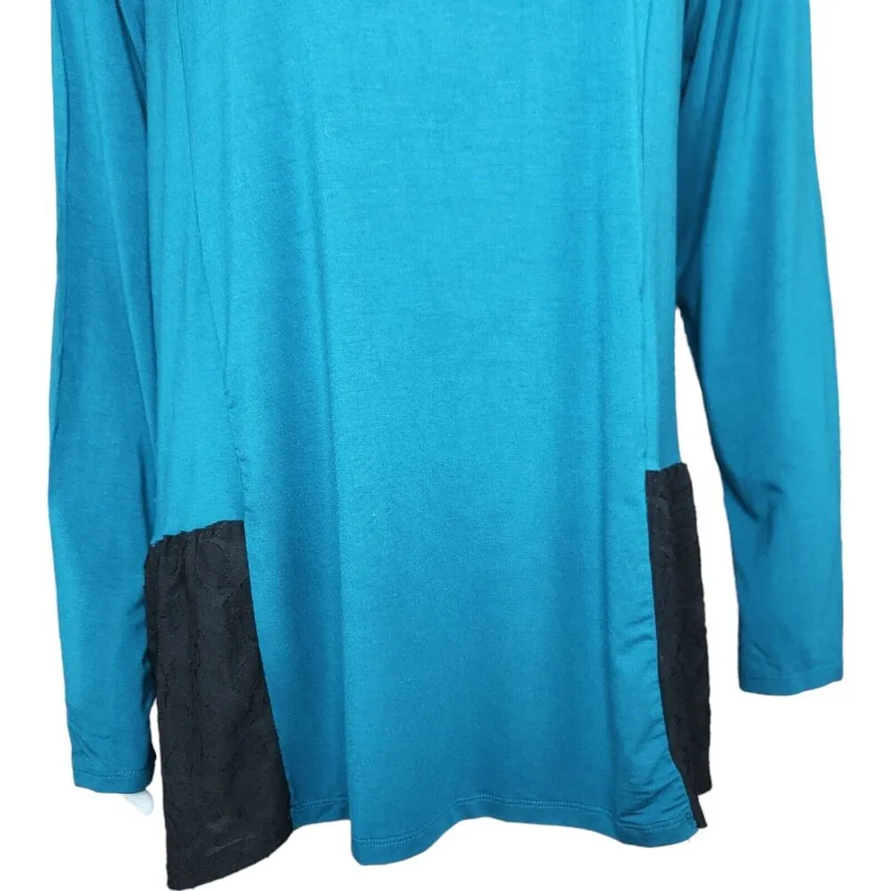 LOGO by Lori Goldstein Aqua Black Lace Detail Long Sleeve Top Womens Large NWT - Image 3