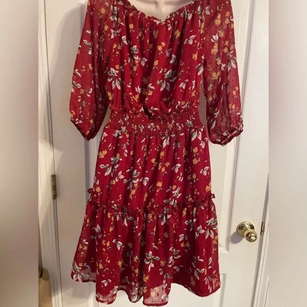 Ryan Michelle Boho Floral Print Long Sleeve Smock Waist Dress Size Small Boho Red - Image 4