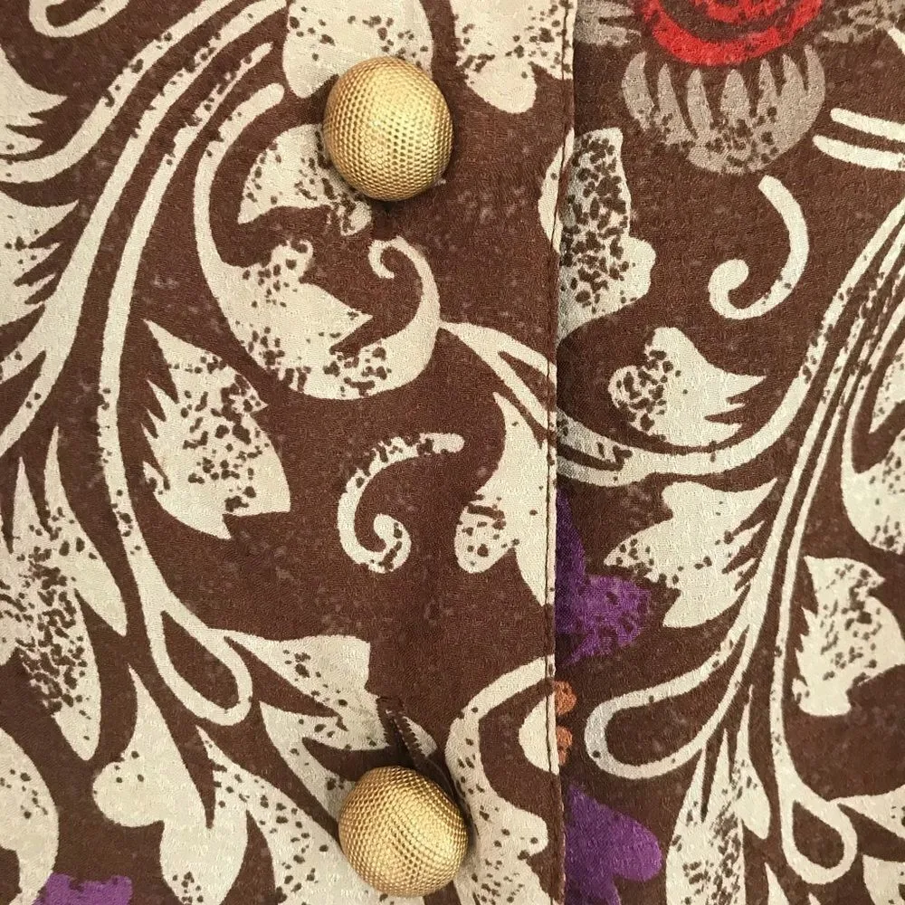 VINTAGE Floral Silk Top Blouse Long Sleeve Metal Button Front Retro Brown Size 4 Brown - Image 6