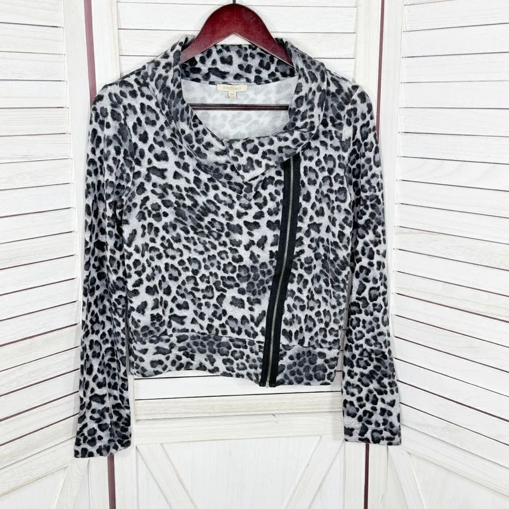 Bordeaux Leopard Print Side Zip Knit Moto Jacket Grey Black Medium Funnel Neck‎ - Image 11