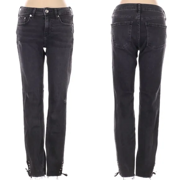Zara Black Faded Straight Leg Mid Rise Jeans w/ Lace up Hem Size 4 NEW - Image 3