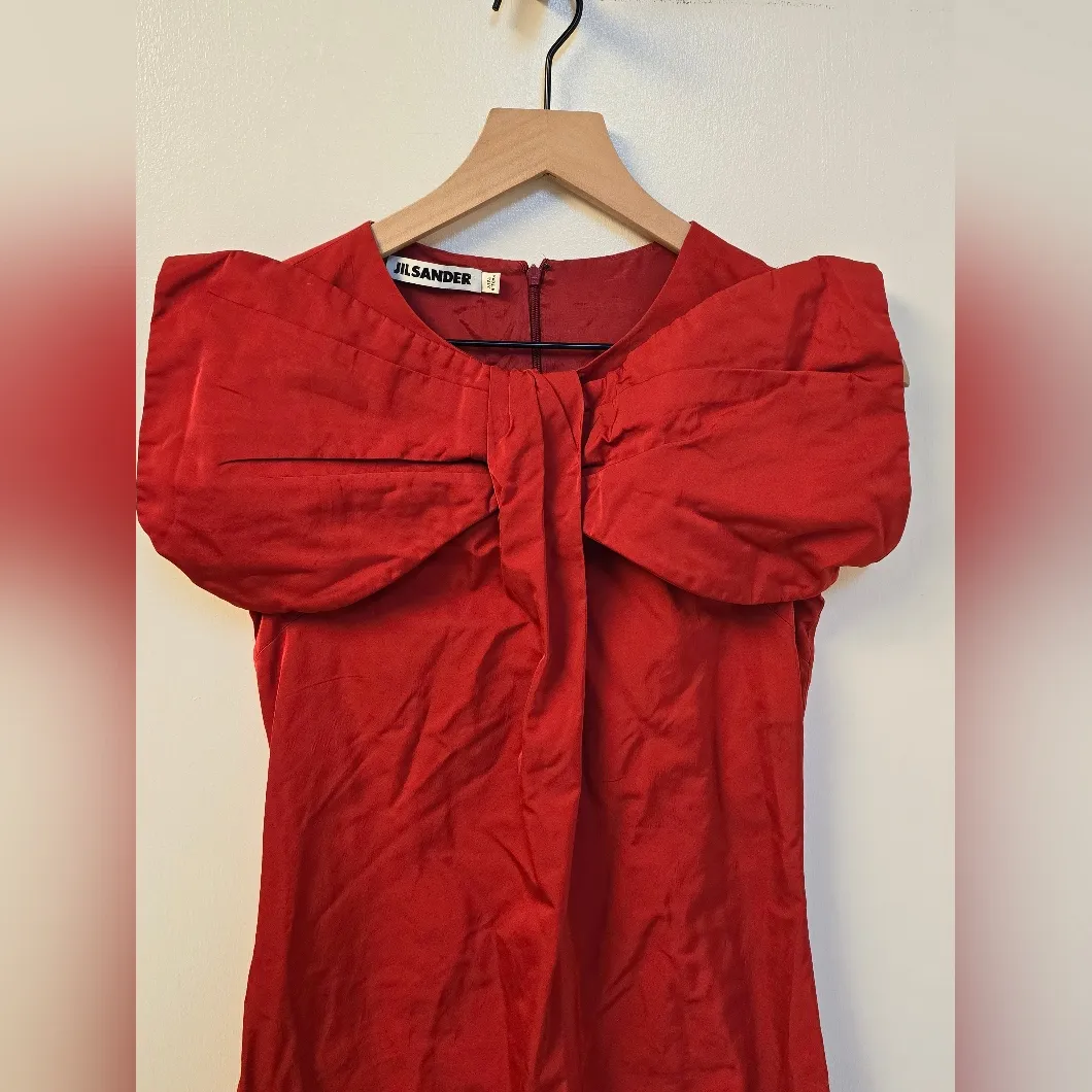 Jil Sander Red Silk Bow Dress sz 36 IT‎ Made in Italy - Image 3