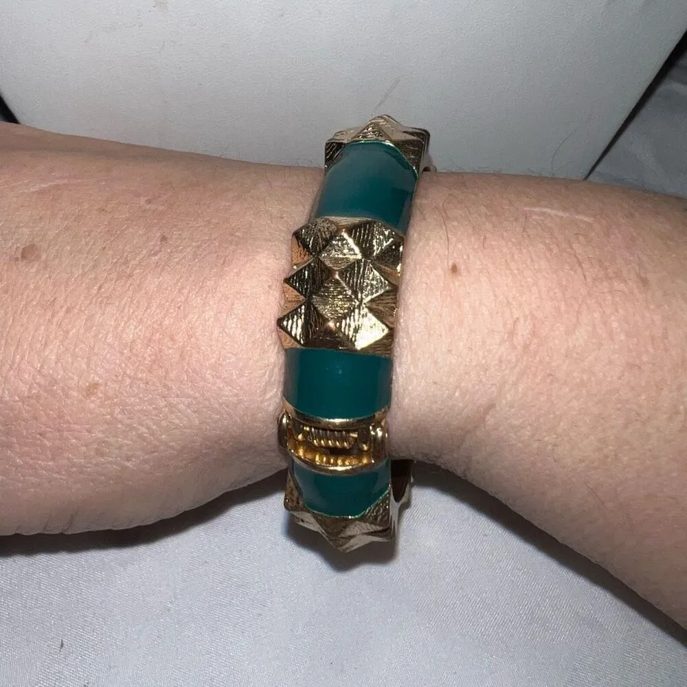 Vintage MCM Gold Tone and Green Enameled Hinged Cuff - Image 2