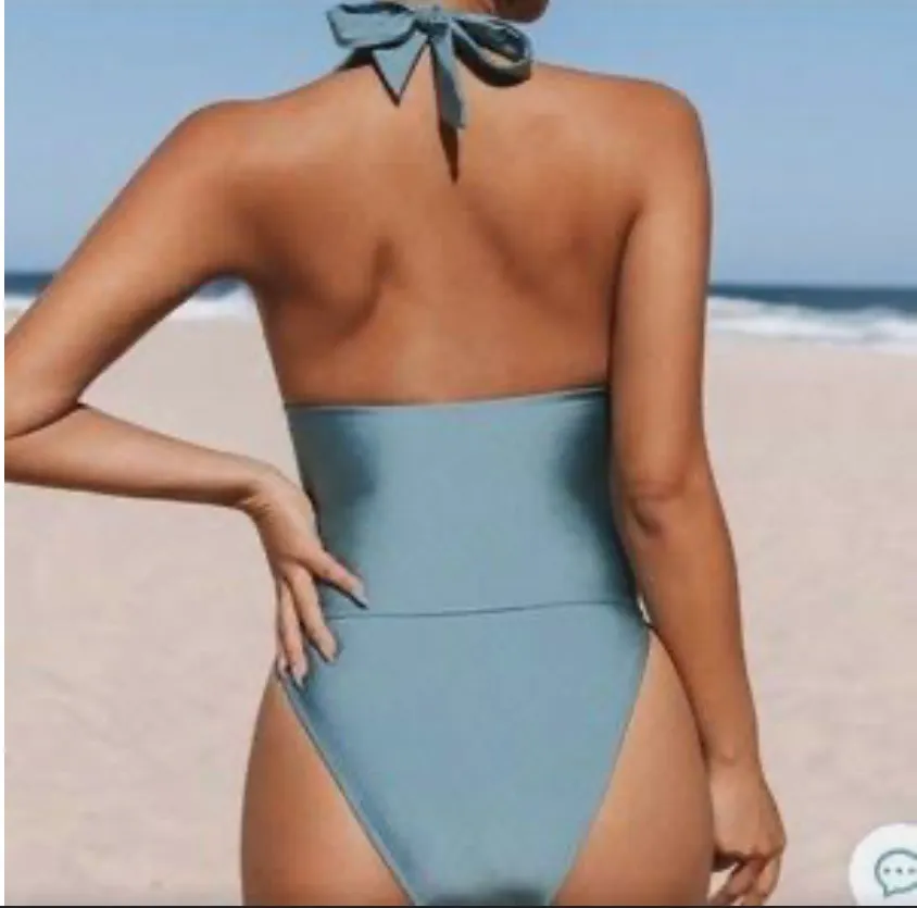 NWT  Metallic Blue Green Sexy Ruched One piece Halter Tummy Swimsuit - Image 2