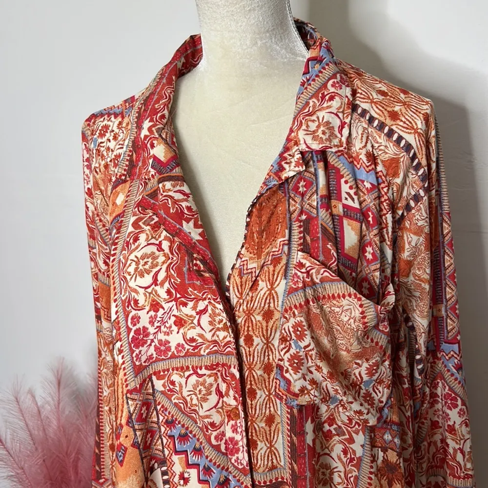 Rachel Zoe • bohemian tribal Aztec printed long balloon sleeve top - Image 92