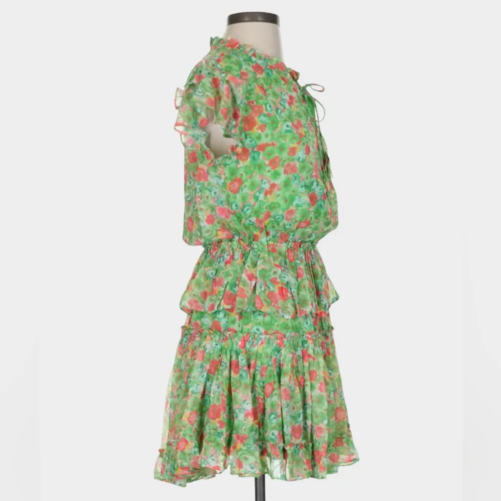 Reset by Jane Joelle Floral Ruffle Mini Dress Green Pink Tie Neck Small - Image 5